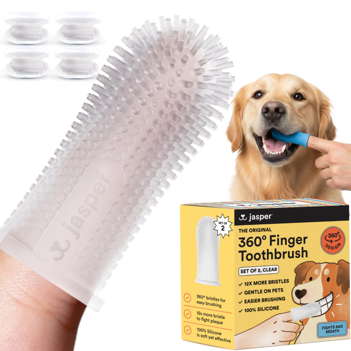 Cepillo Jasper para dientes de perro 360, limpieza completa y suave.