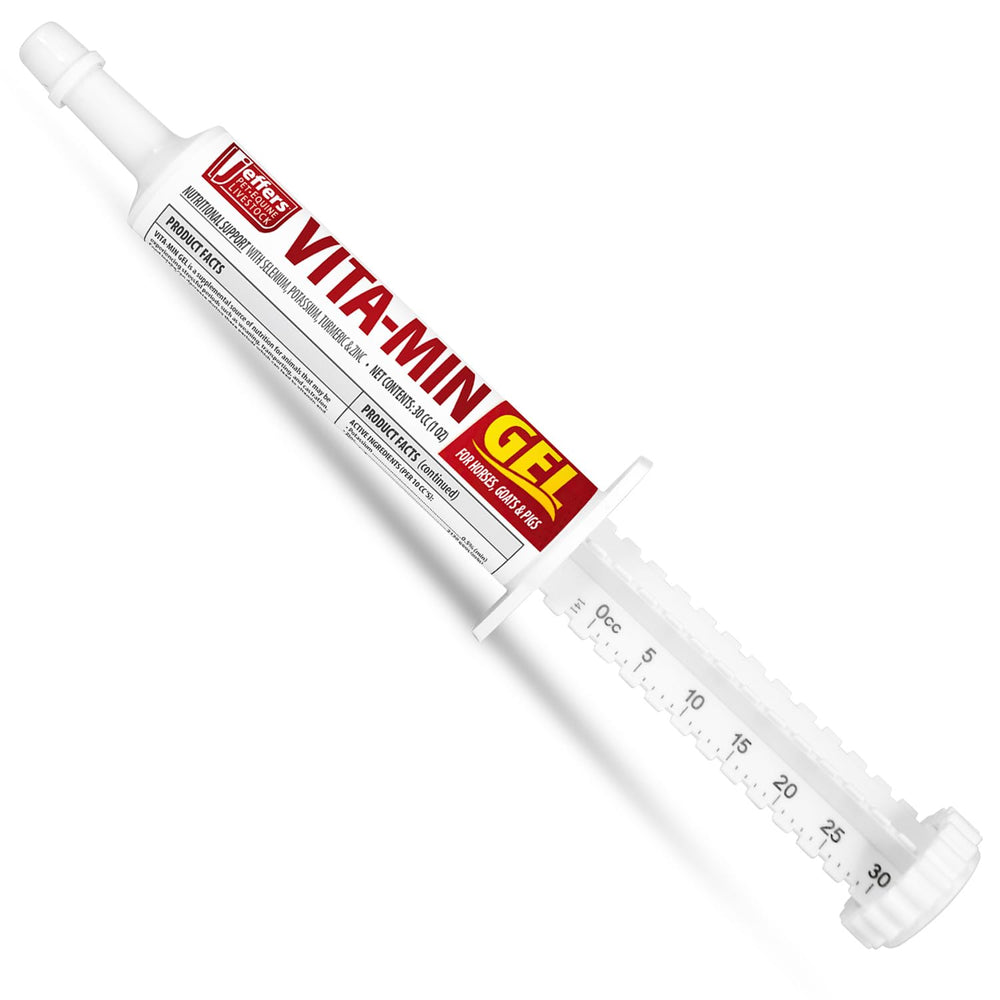 Jeffers Vita-Min Gel, aplicación oral fácil para ganado y caballos.