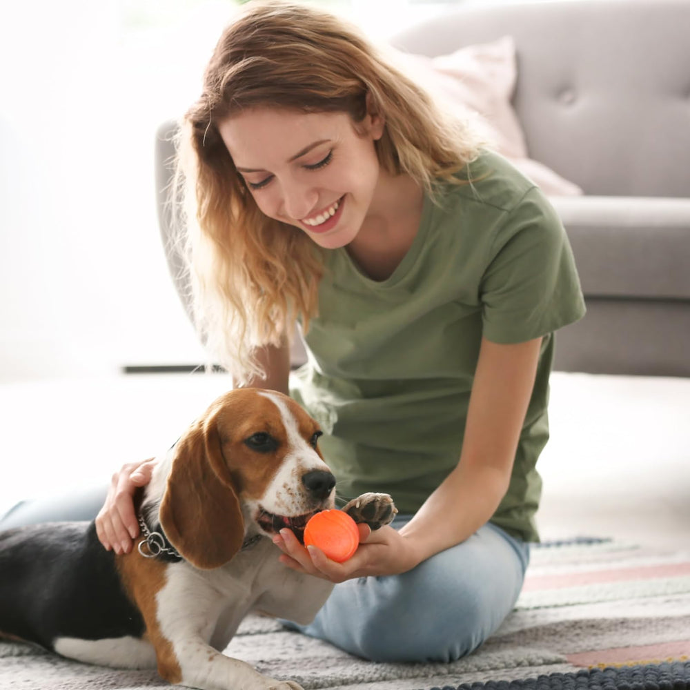 Bola Jenaai indestructible en mano; muestra tamaño 6 cm para perros medianos.