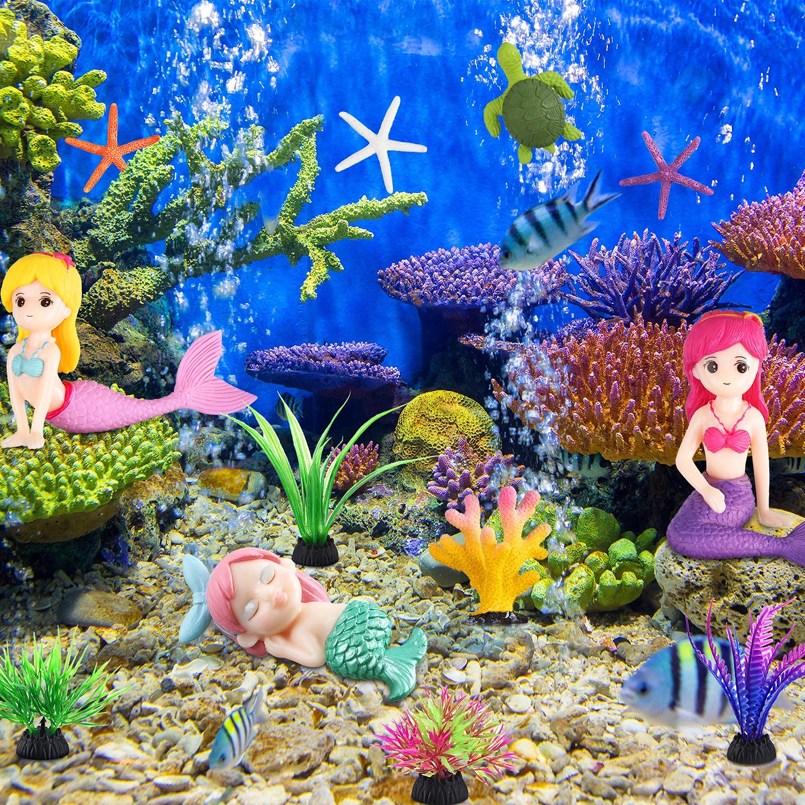Set completo de decoraciones para acuario Jetec; 13 piezas para crear paisajes marinos.