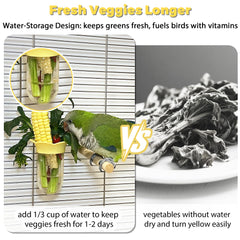 Alimentador Jevnd para aves con verduras separadas evita contaminación y humedad.