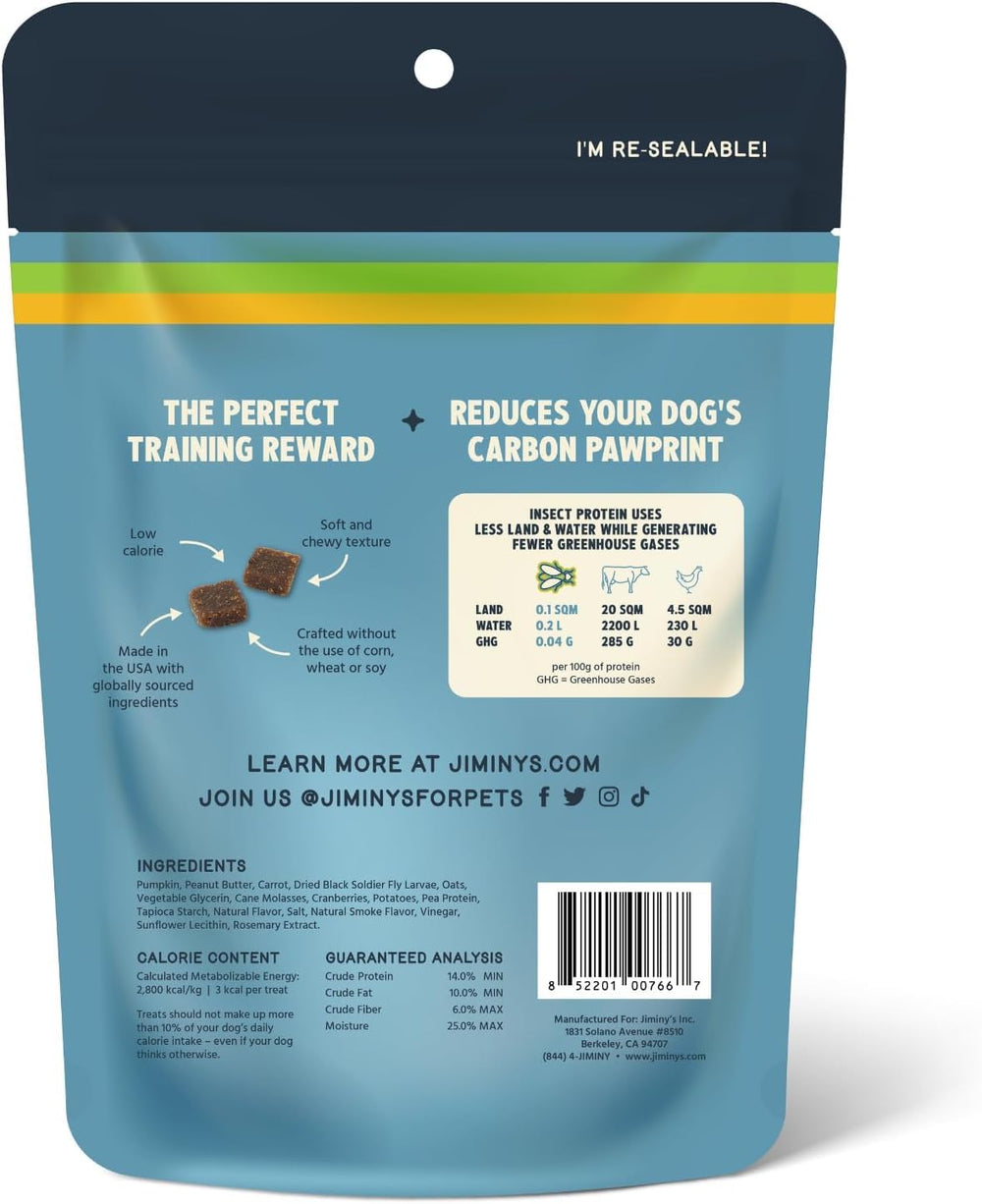 Jiminy's Chewy Training Treats, goût beurre de cacahuète et cranberry, attrayant pour chiens.