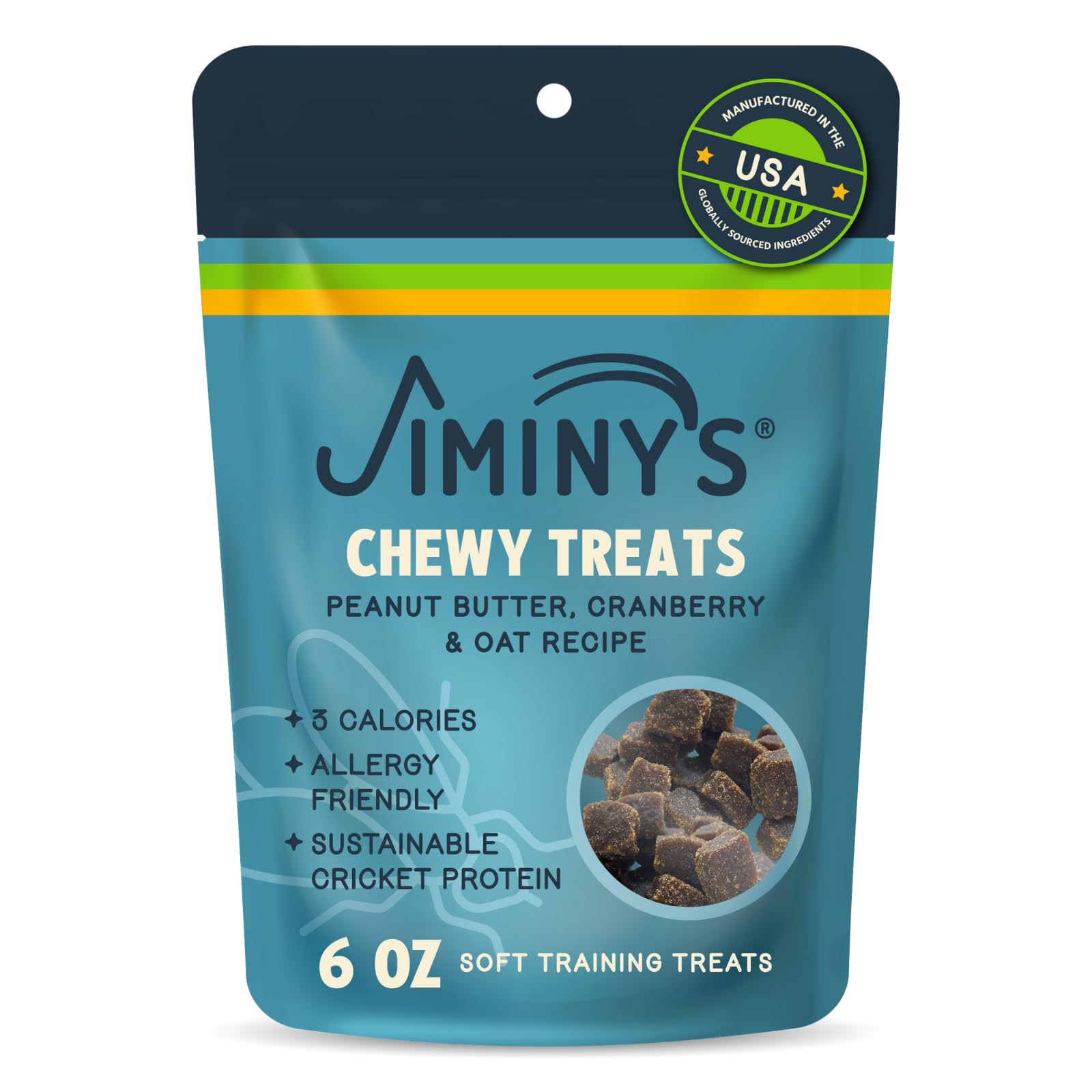 Jiminy's Chewy Training Treats, sachet 6oz, idéal pour récompenser l'entraînement.