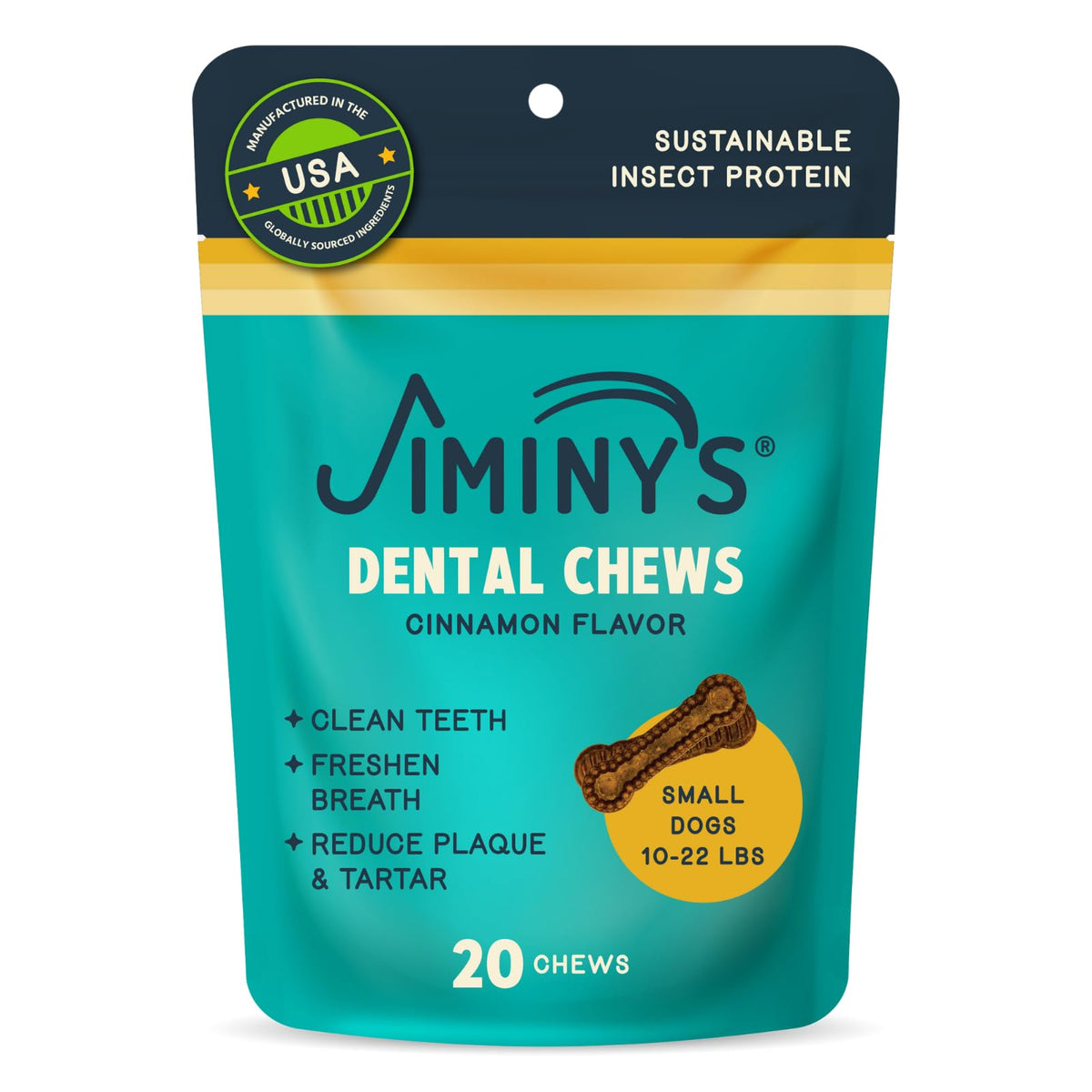 Jiminy's masticables dentales para perros, sabor canela, 20 unidades, promueven dientes limpios y aliento fresco