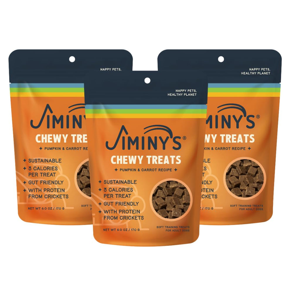 Jiminy's premios de entrenamiento con grillo, calabaza y zanahoria, perfecto para reforzar sesiones.