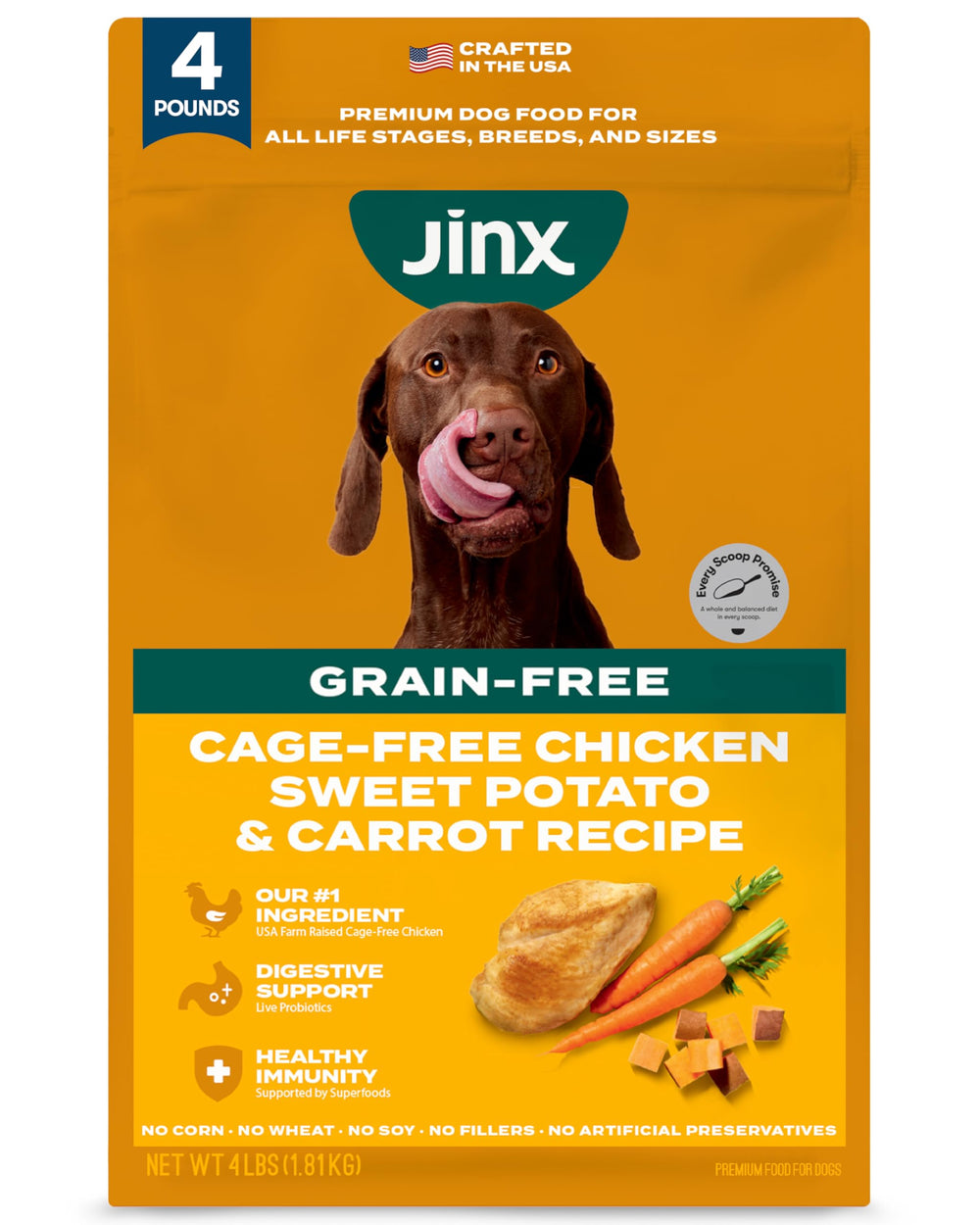 Alimento para perros Jinx sin granos con pollo real para una dieta equilibrada.
