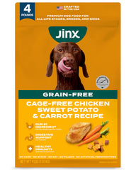 Alimento para perros Jinx sin granos con pollo real para una dieta equilibrada.