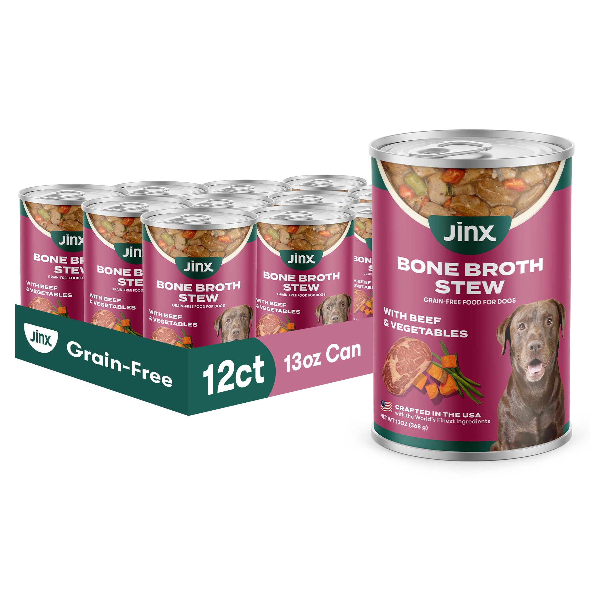 Jinx estofado de caldo óseo para perros, lata de 375 g lista para servir.