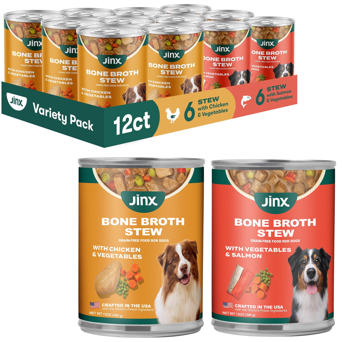 Jinx Caldo de Hueso para Perros Pollo, alimento húmedo sabroso y completo.