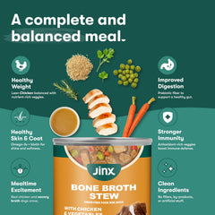 Jinx guiso suave con pollo y verduras, textura agradable para paladares sensibles.