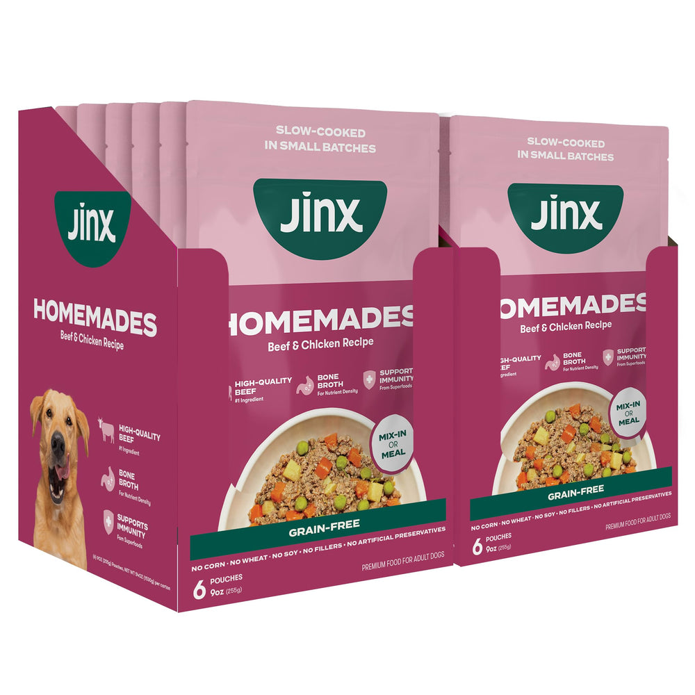 Jinx ternera-pollo, envase listo para servir, ofrece un sabor atractivo para perros exigentes.