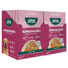 Jinx ternera-pollo, envase listo para servir, ofrece un sabor atractivo para perros exigentes.