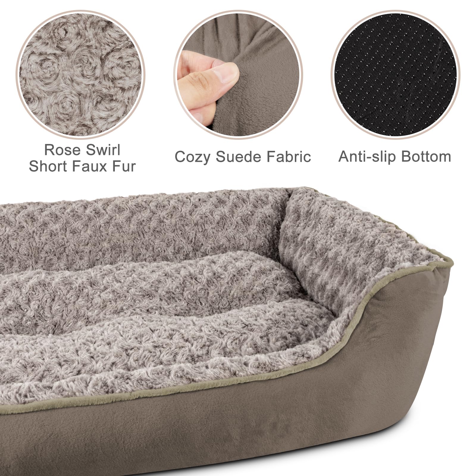 JOEJOY Cama perro rectangular, detalle de tejido felpudo rosado, ofrece confort suave para el reposo.