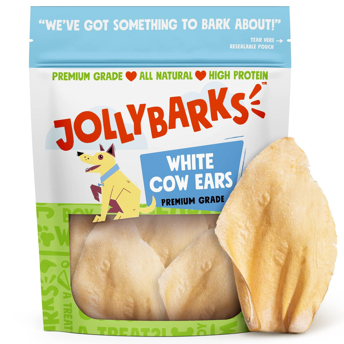 Orejas de vaca Jolly Barks en envase 12-pack para perros.