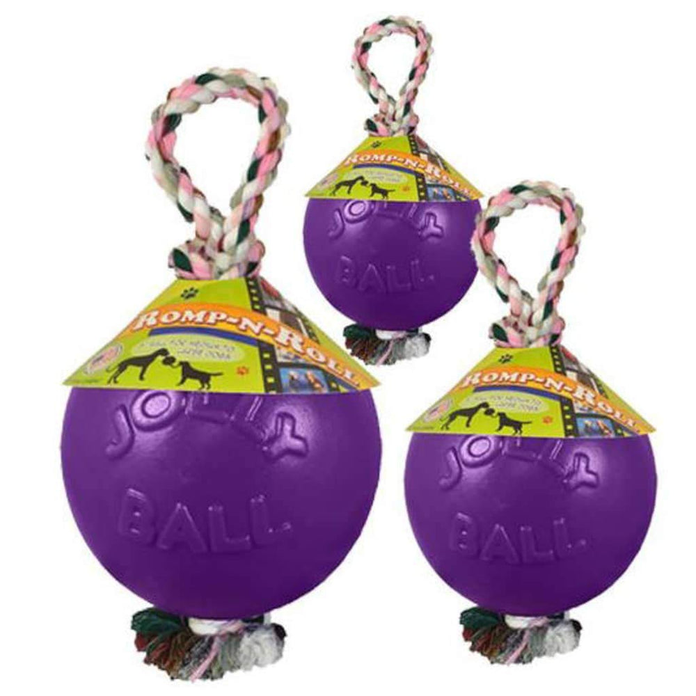 Jolly Pets Romp-n-Roll detalle de la pelota morada; perfecto para lanzar y morder con seguridad