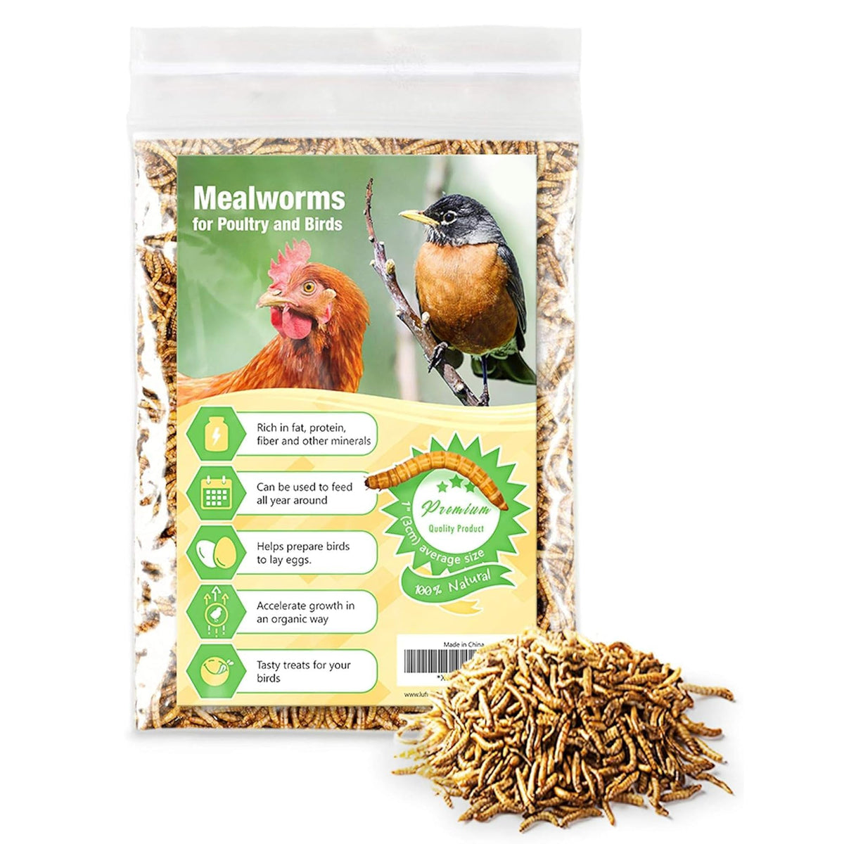 Gusanos de harina JOR en envase, snack proteico para aves y mascotas.