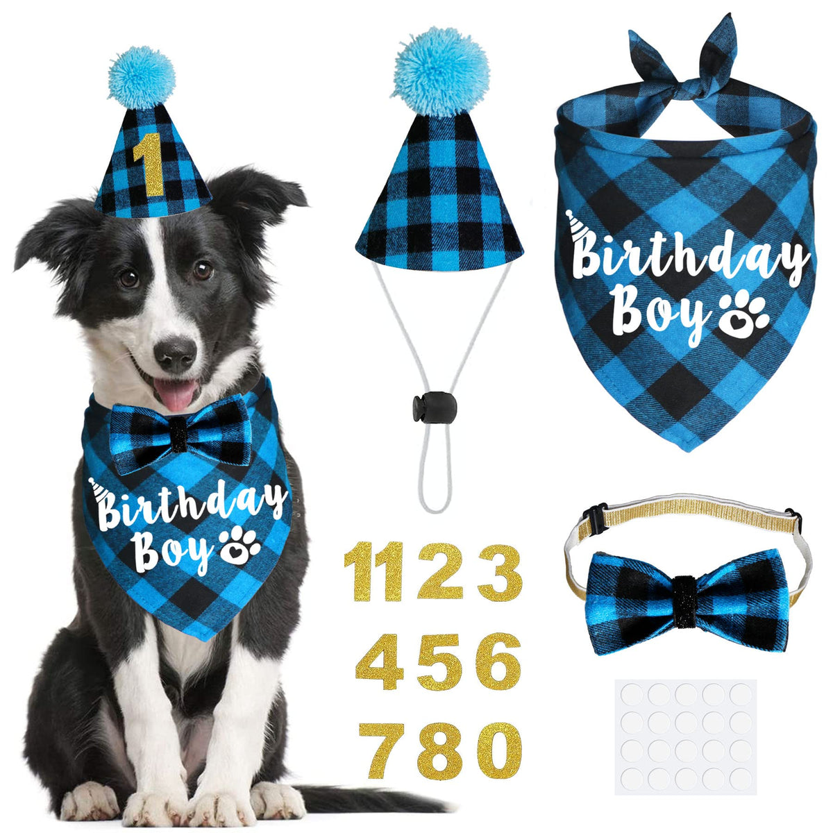 JOTFA bandana de cumpleaños para perro con estampado azul y negro, ideal para fotos.