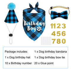 JOTFA corbatín de cumpleaños para perro con estampado azul y negro, complemento elegante.