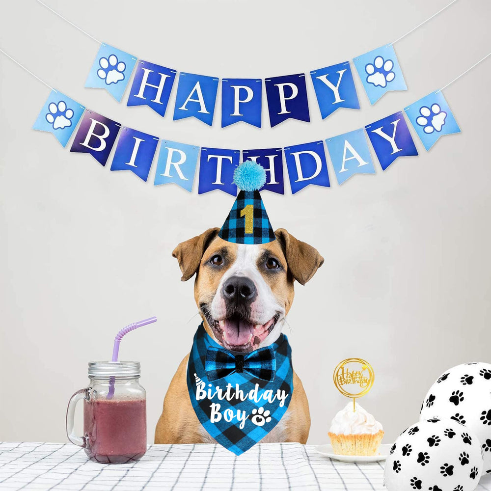 JOTFA sombrero de cumpleaños para perro con estampado azul y negro, perfecto para fiestas.