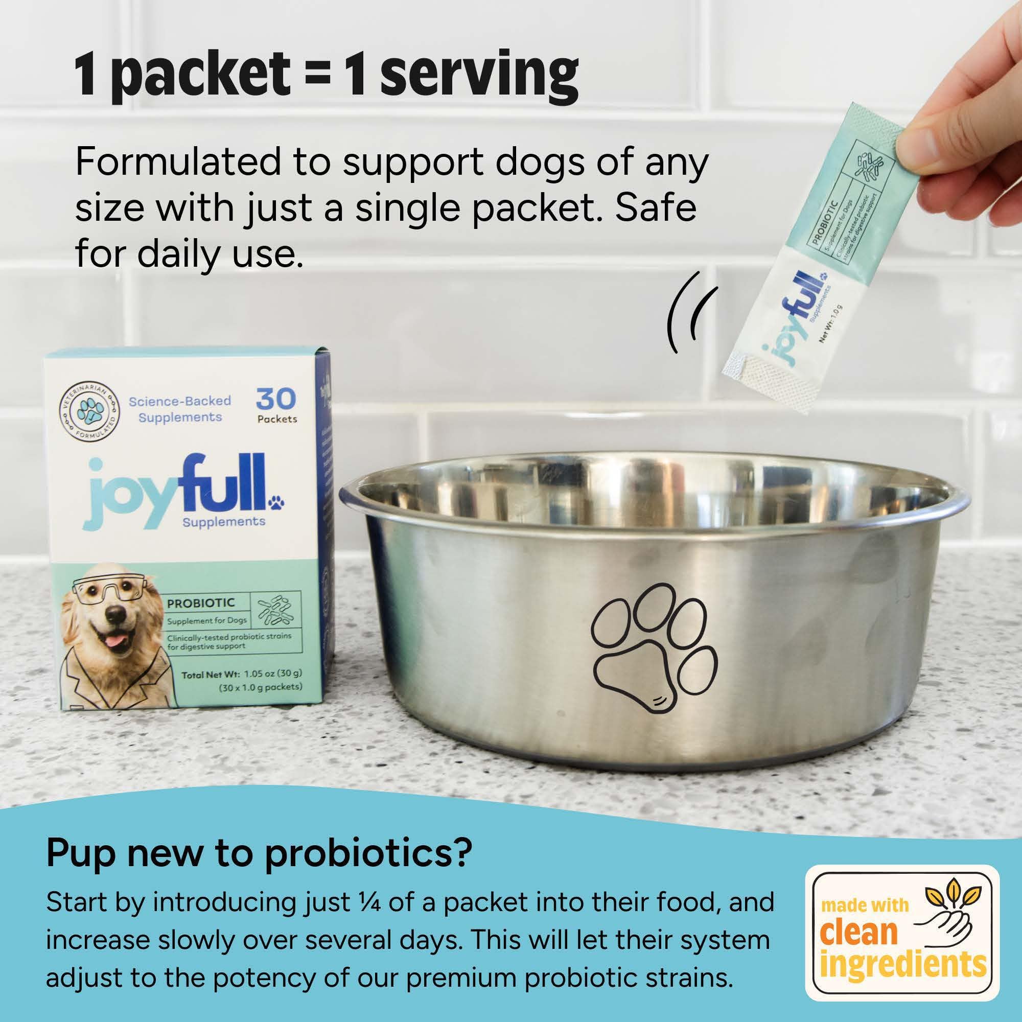 Apoya la microbiota y defensas inmunitarias del perro con JoyFull Probiotics.