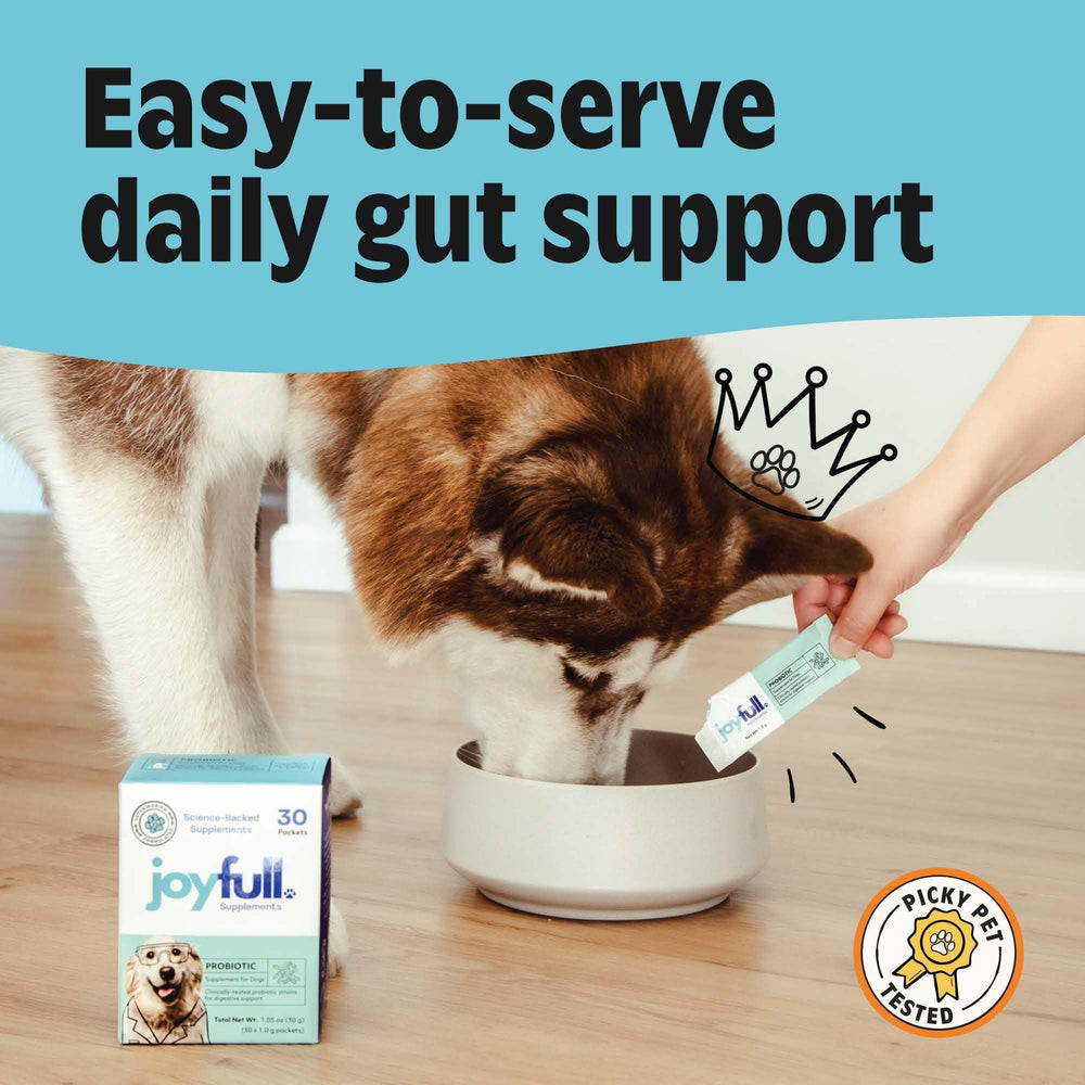 JoyFull Probiotics espolvoreados sobre la comida para facilitar la ingesta diaria.