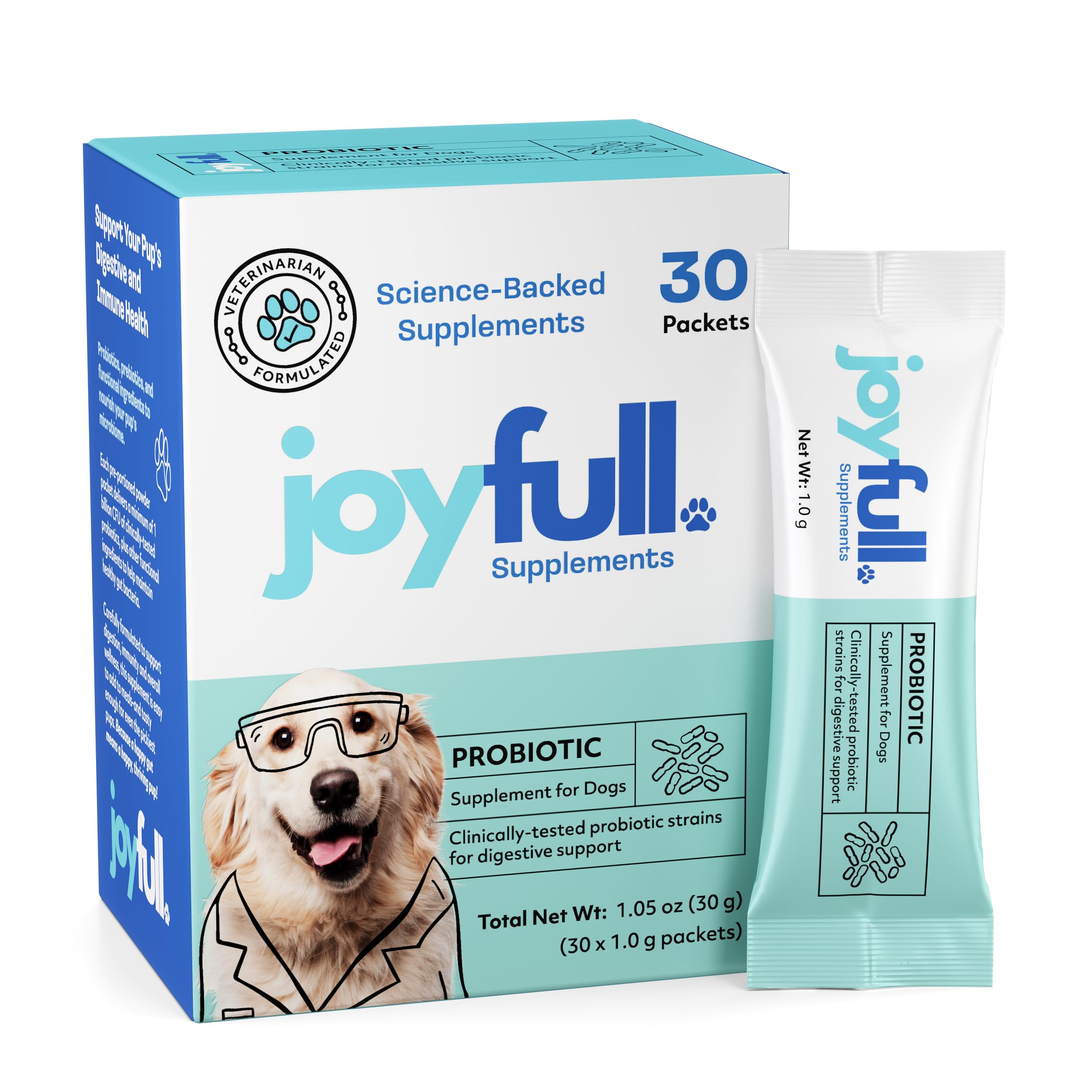 JoyFull Probiotics para perros — sobres de 1 g para apoyar la salud digestiva.
