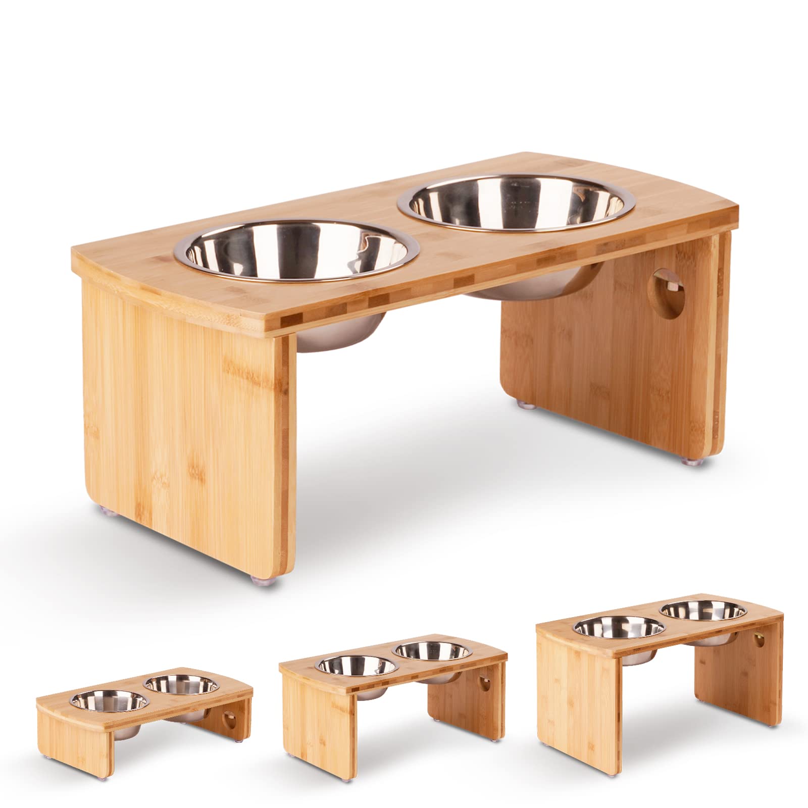 Joyopaw tazones elevados para perro mediano en bambú, favorece postura cómoda durante la comida.