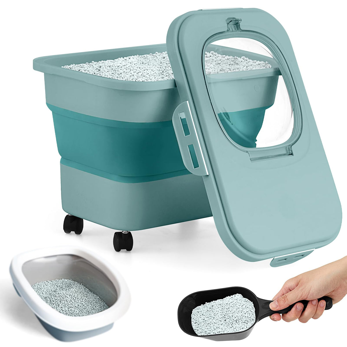 Juexica Contenedor colapsable para arena de gato con ruedas, fácil de mover.