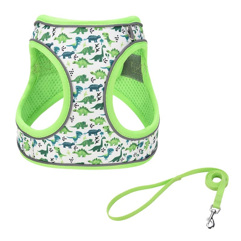 Arnés JUFOO con patrón dinosaurio verde, cómodo y seguro para paseos.