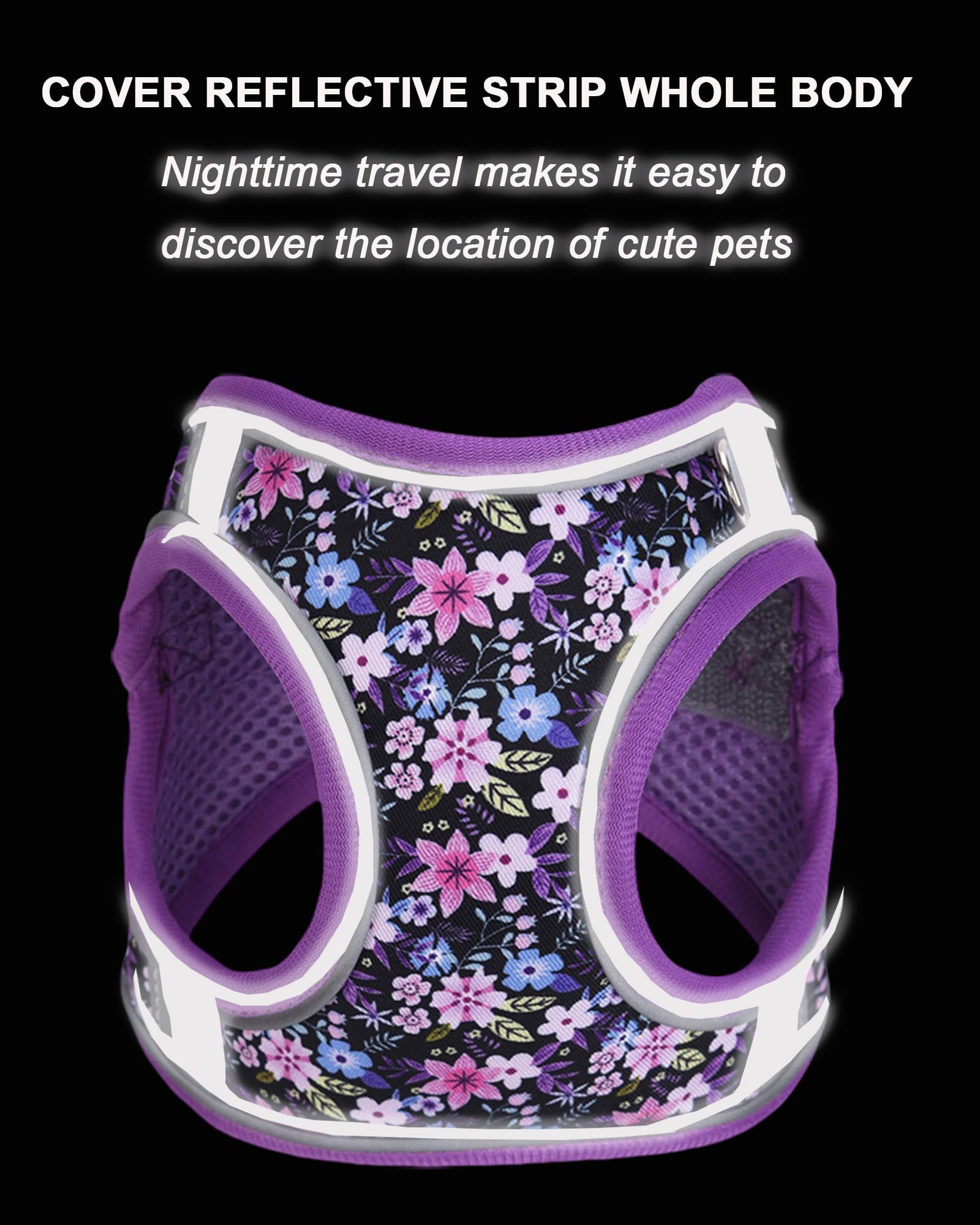 JUFOO XS arnés con patrón morado, puesto para mascotas pequeñas.
