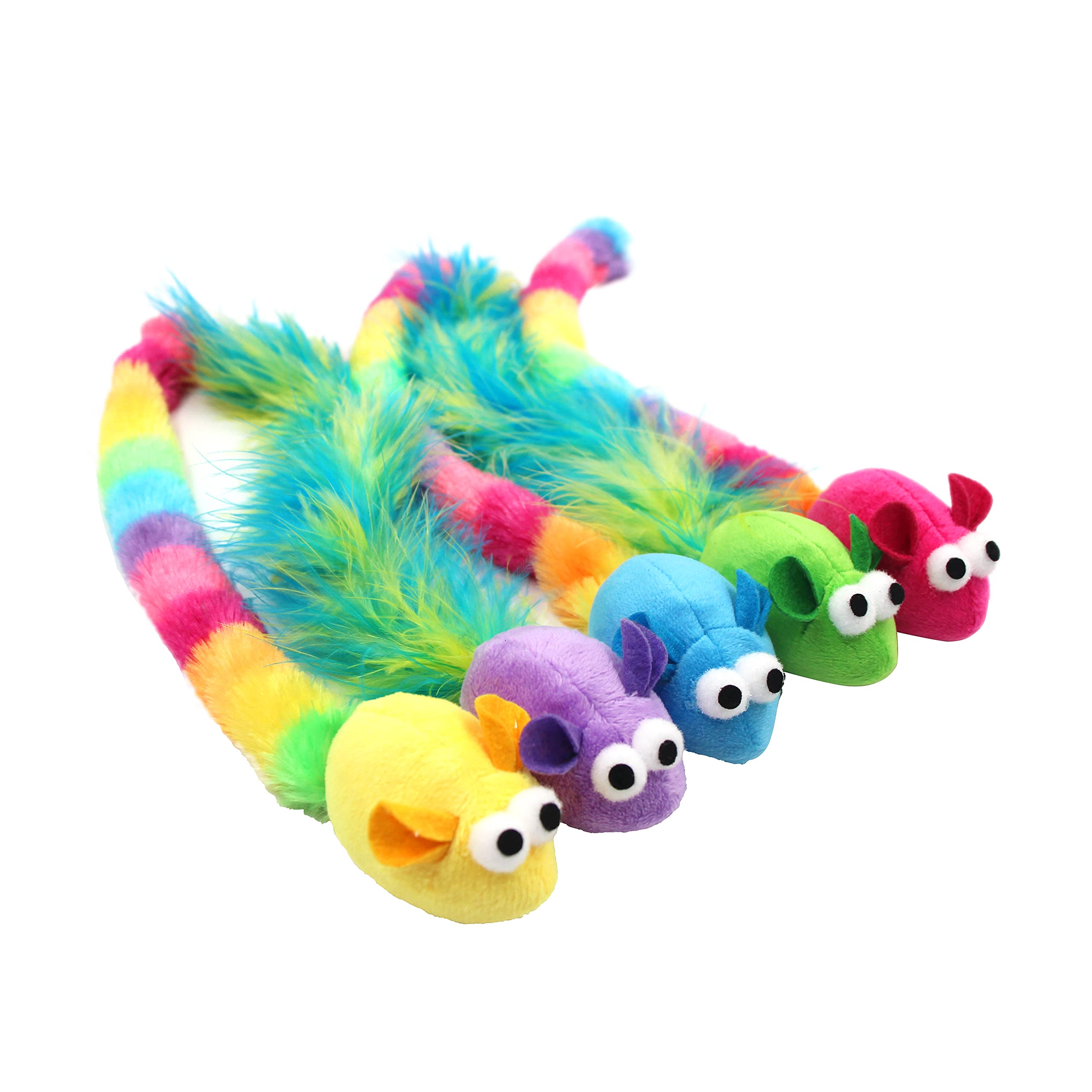 Jumpaws ratón multicolor con pluma larga, ideal para acechar y jugar.