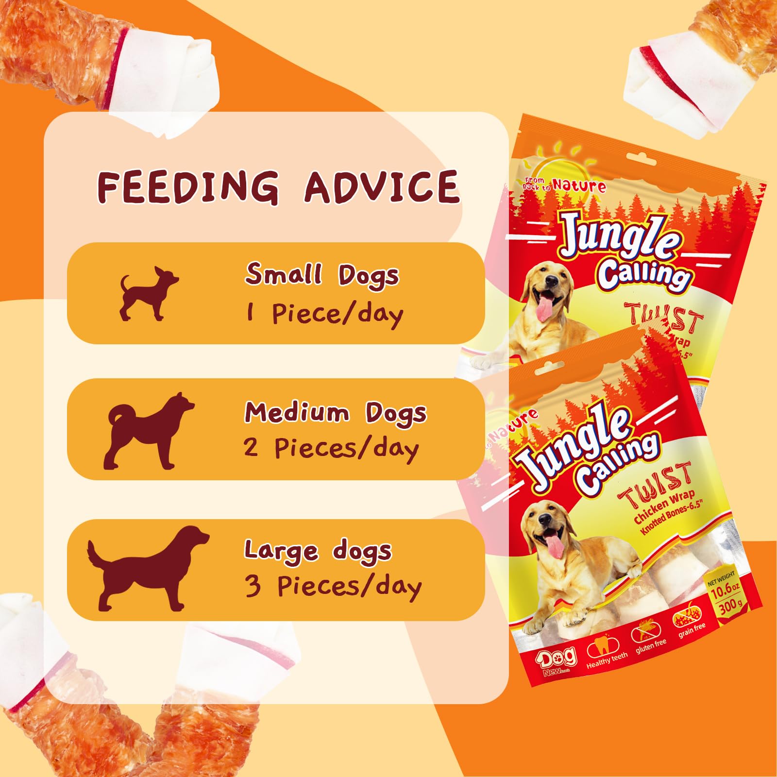 Jungle Calling chicken wrap chew used as a training reward.