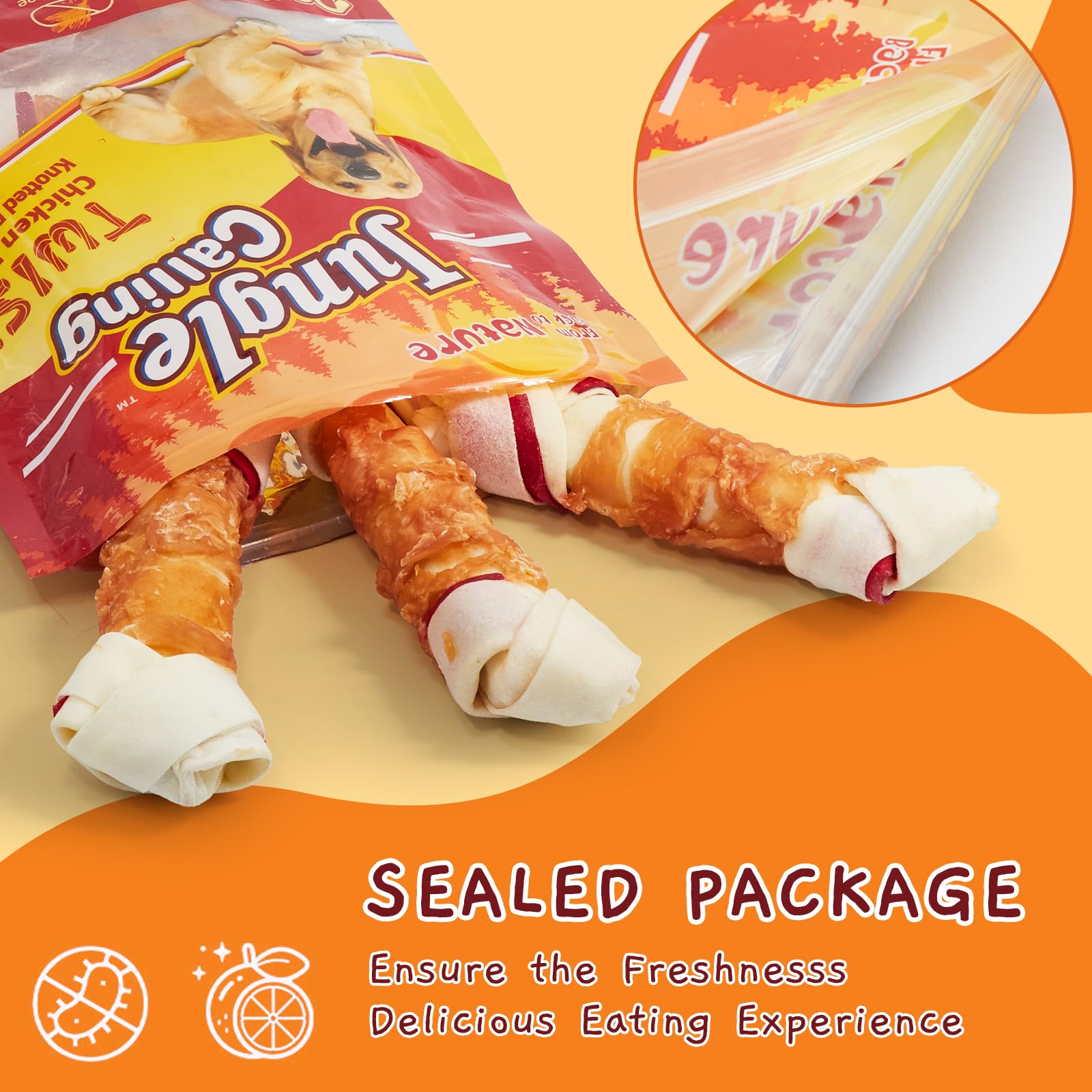 Jungle Calling packaged rawhide treats showing product presentation.