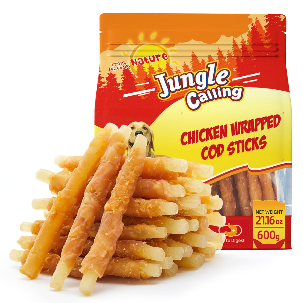 Jungle Calling palitos de bacalao envueltos en pollo, masticables y atractivos.