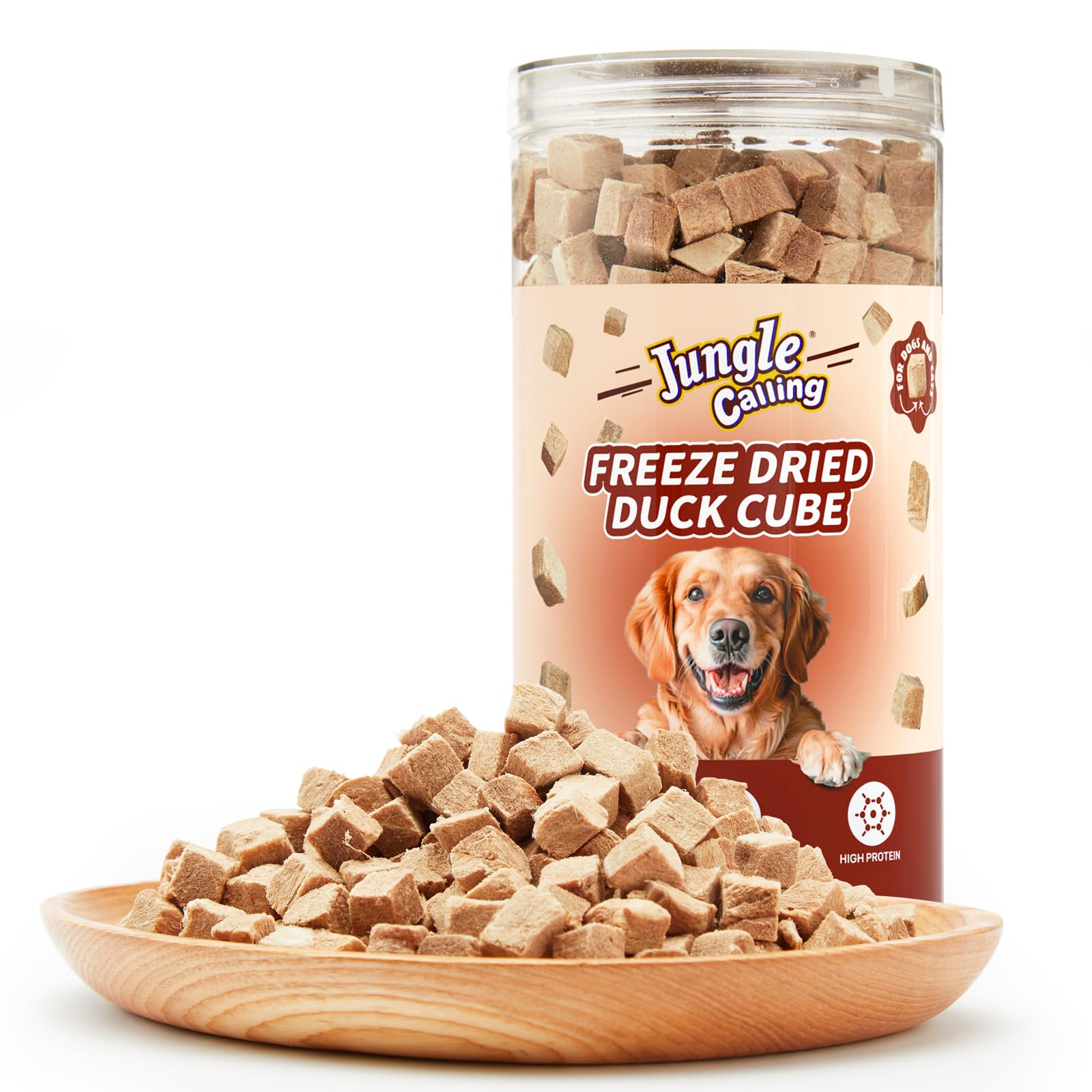 Jungle Calling patos deshidratado frente al envase, snack de proteína única para perros y gatos.