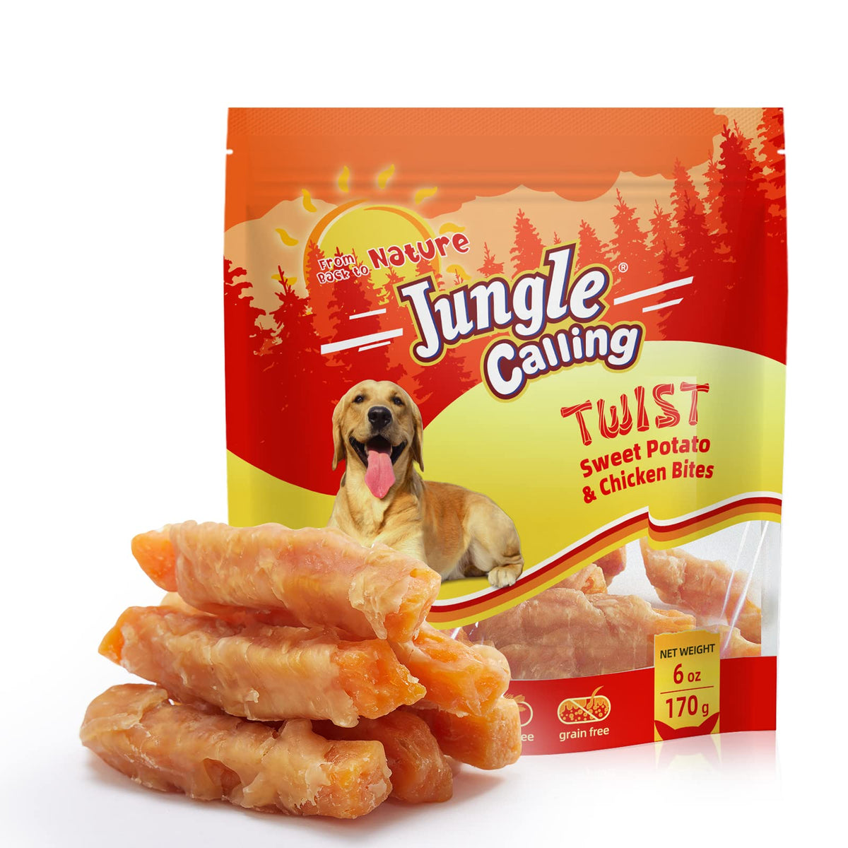 Jungle Calling: premio de pollo sin piel envuelto en camote para perros
