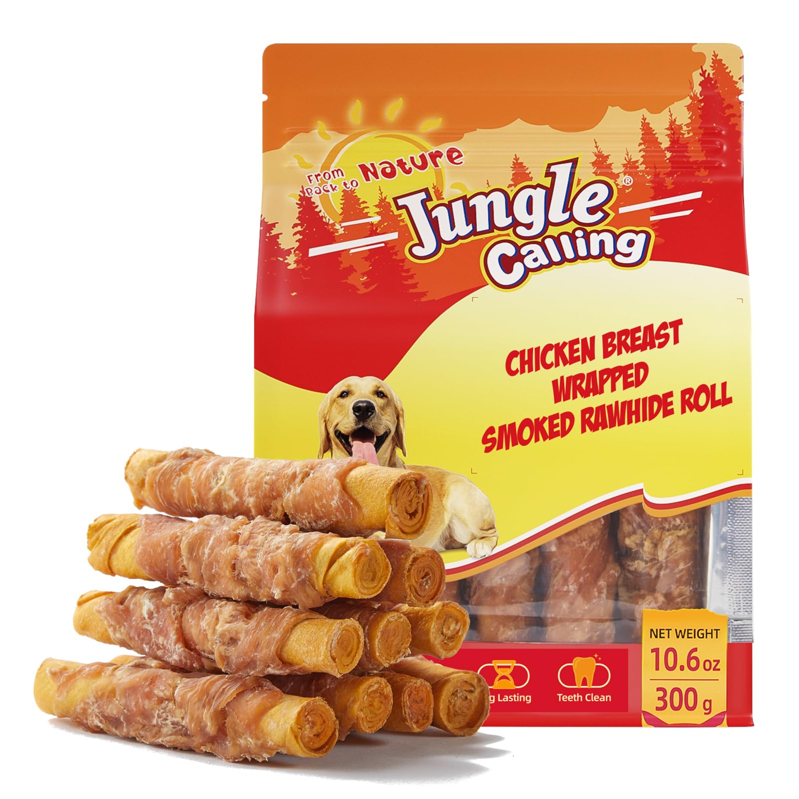 Rollos Jungle Calling: cuero crudo envueltos en pollo ahumado para perros, sabor intenso.
