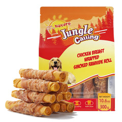 Rollos Jungle Calling: cuero crudo envueltos en pollo ahumado para perros, sabor intenso.