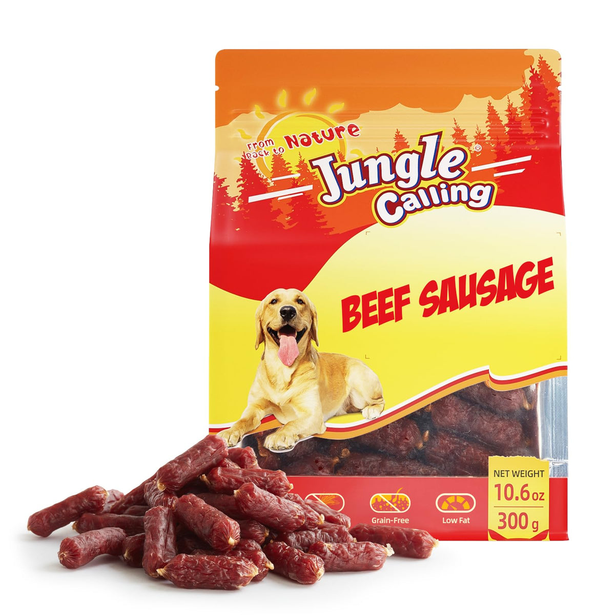 Jungle Calling salchichas de res suaves para perros, premio sabroso para entrenamiento.