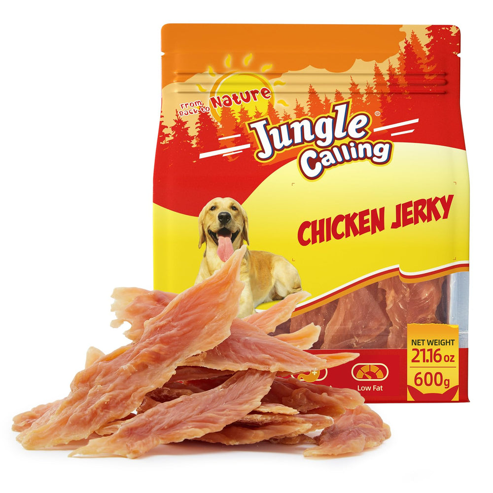Jungle Calling tiras de pollo jerky para perros, snack proteico para entrenamiento.