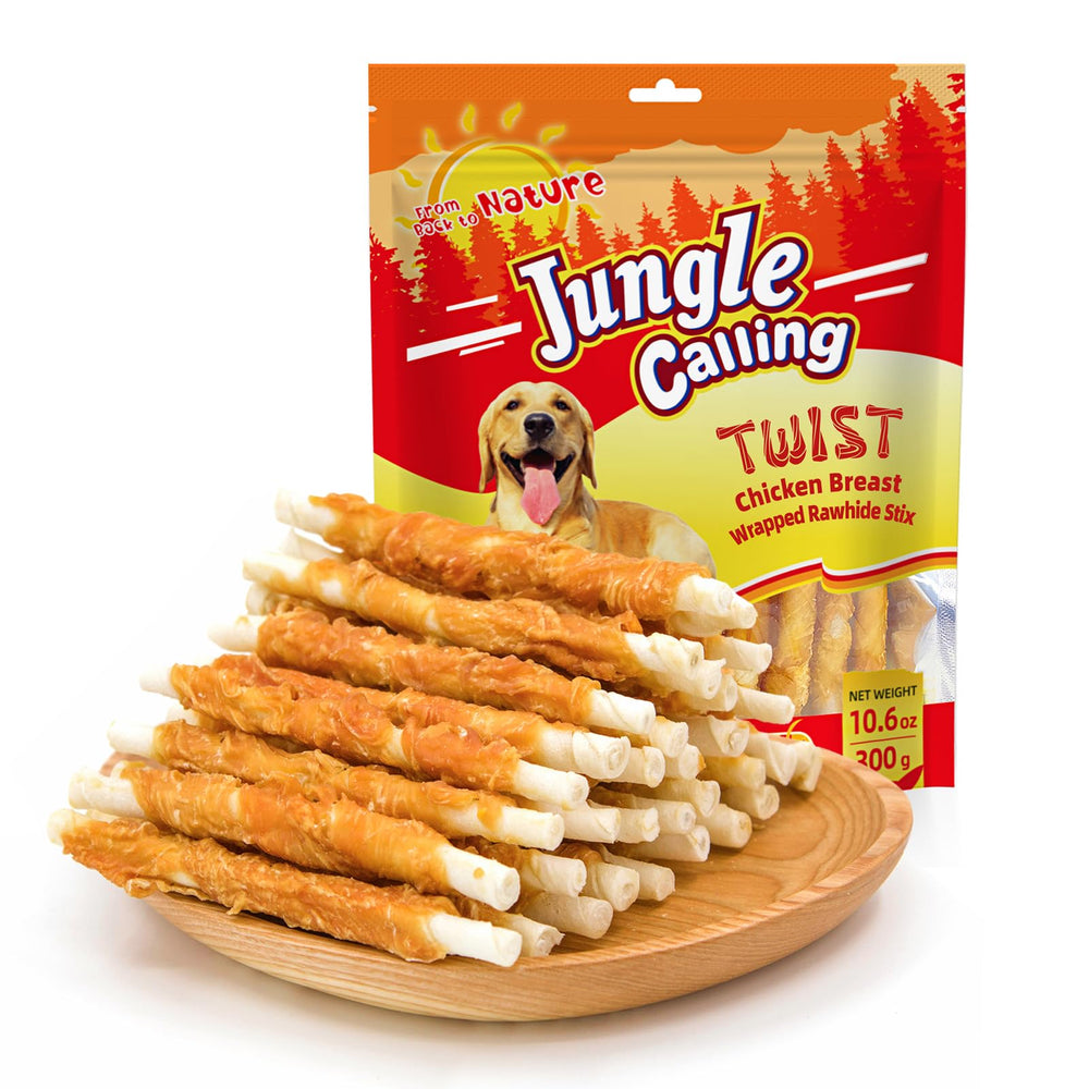 Tiras rawhide envueltas en pollo de Jungle Calling para masticar y entretener.
