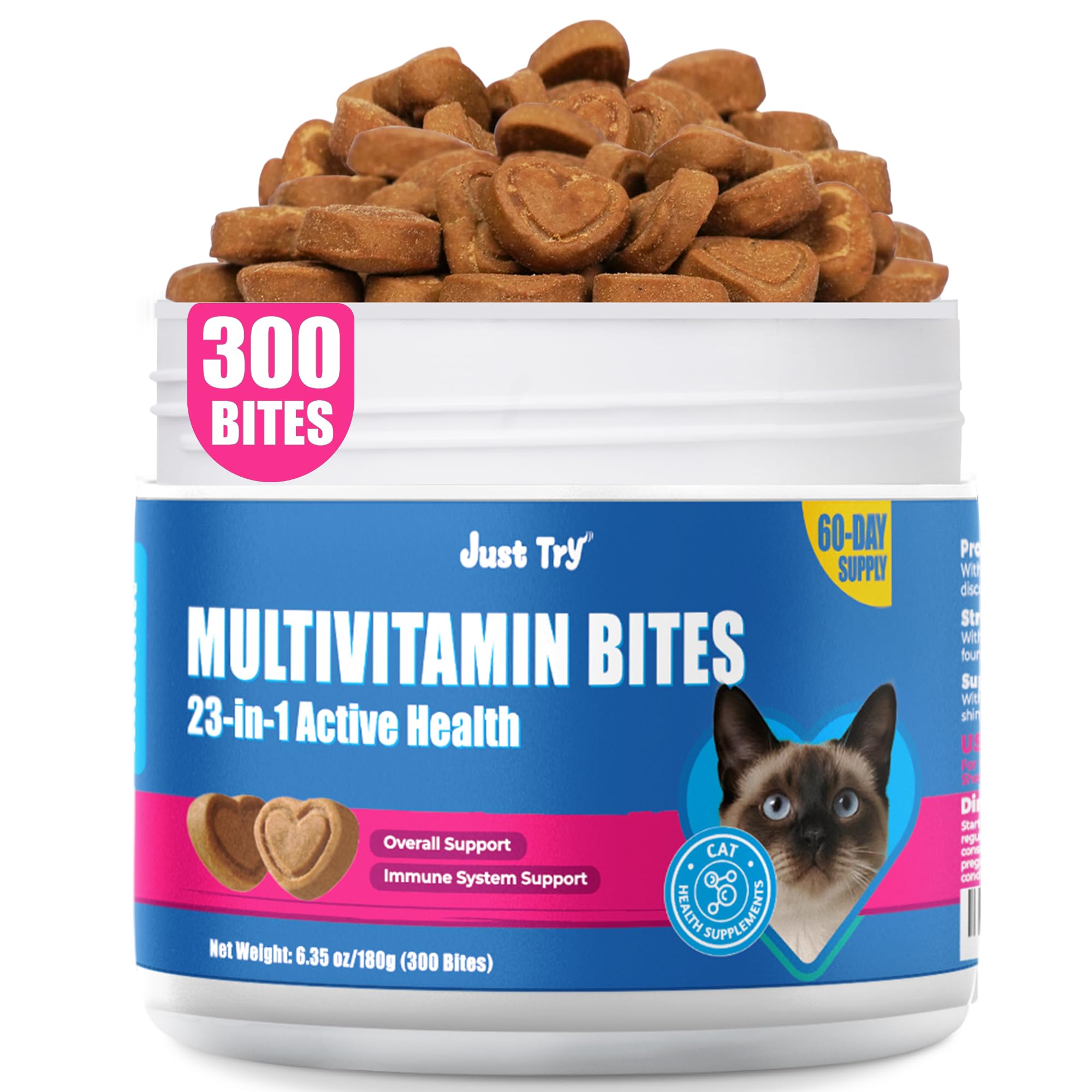 Just Try 23 en 1 Taurina para Gatos, frasco de bocadillos, apoyo general de salud.