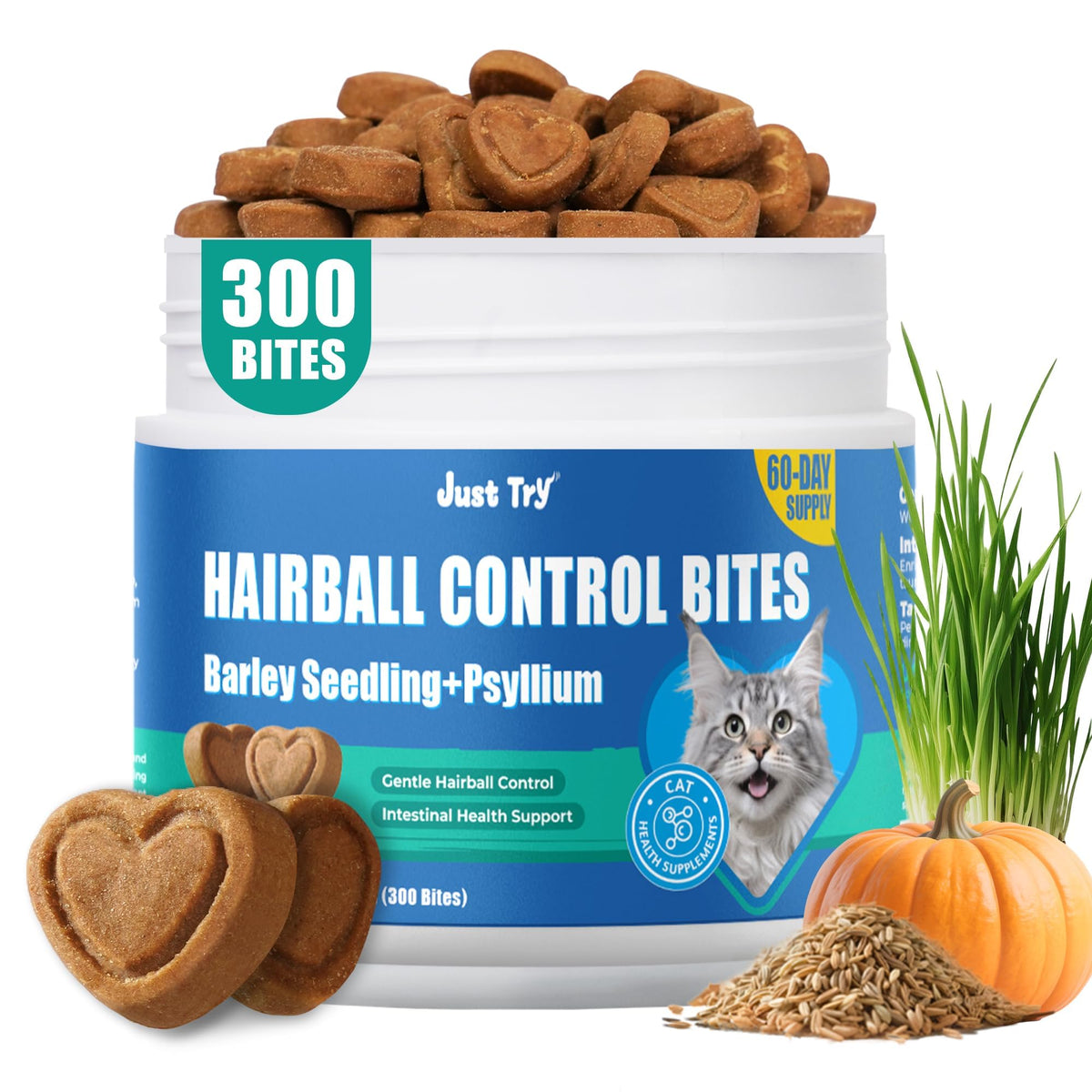 Just Try 300 Bites para bolas de pelo en gatos, posible apoyo digestivo.