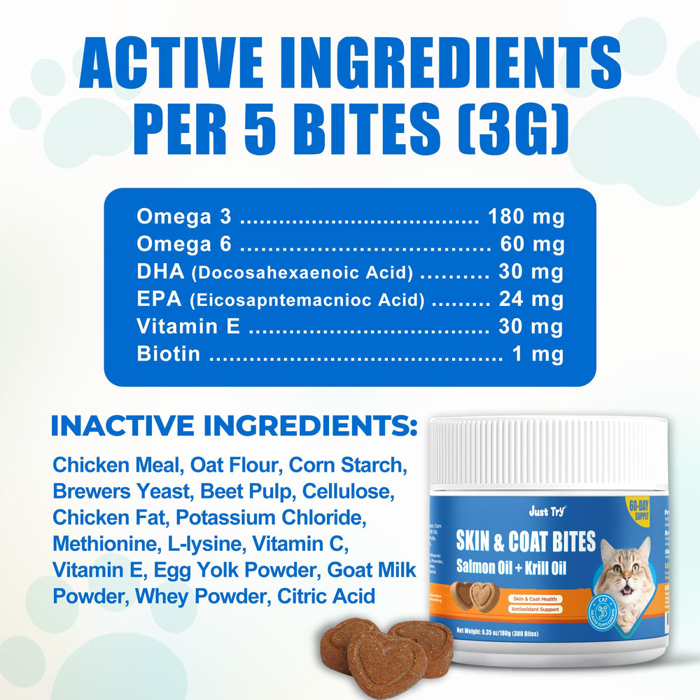 Just Try 300 Bites pelaje brillante gracias a omega-3 y omega-6