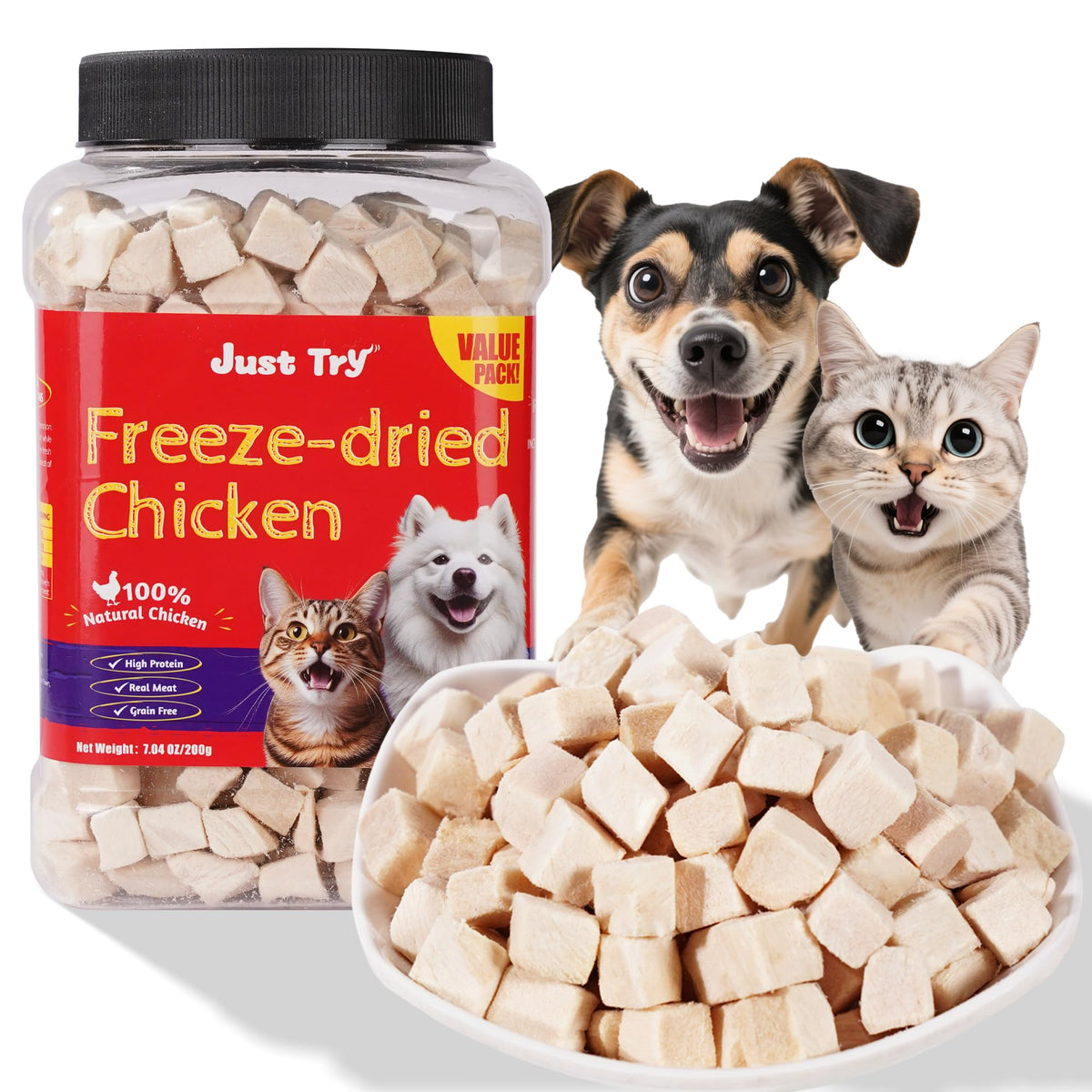 Just Try cubos de pollo deshidratado para gatos y perros, proteína destacada.
