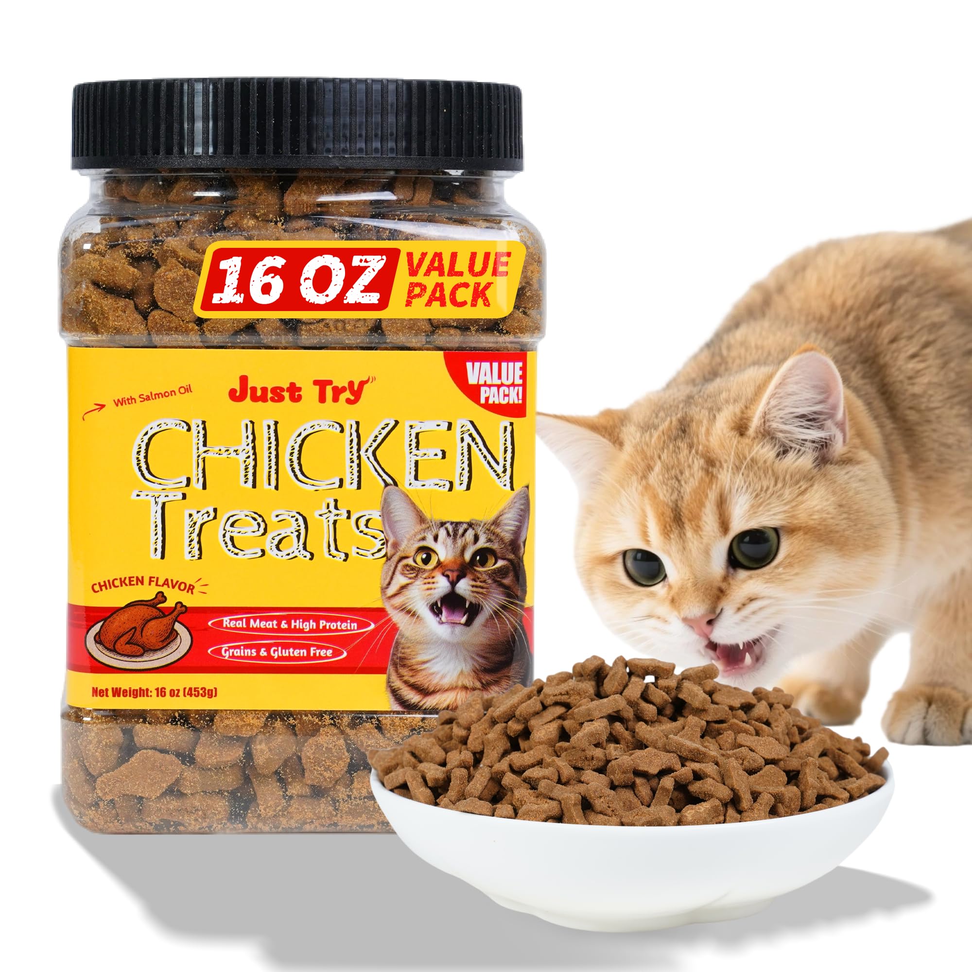 Just Try premios de pollo para gatos en tarro cerrado, snack sabroso para recompensa.