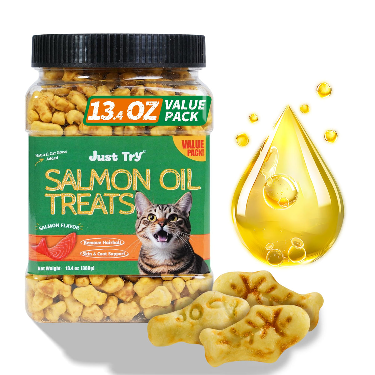 Just Try premios de hierba para gato con aceite de salmón para sabor y digestión