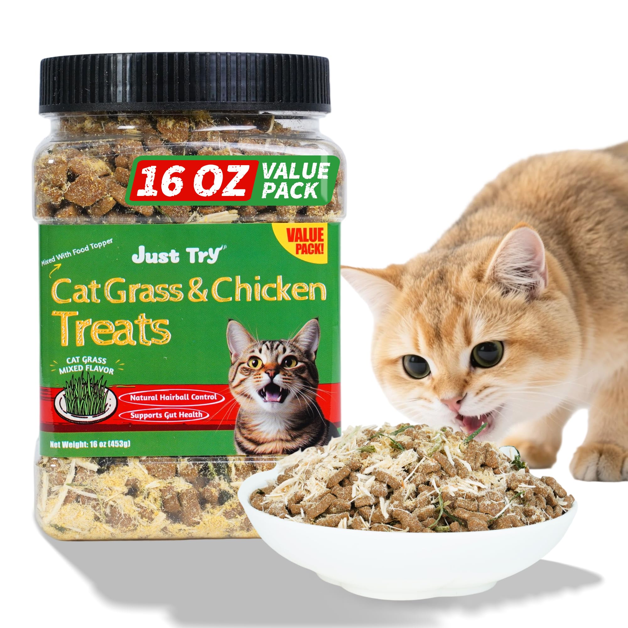 Just Try tiras hierba para gatos en empaque, snack crujiente para entrenamiento.