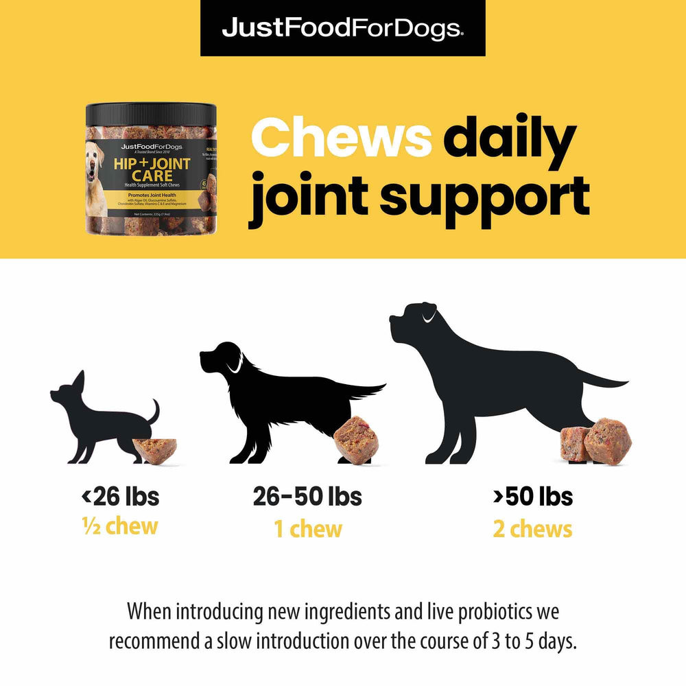 JustFoodForDogs gominolas de cadera y articulaciones, beneficios para movilidad diaria.
