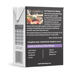 JustFoodForDogs empaque tetrapak cordero-arroz marrón, opción segura sin conservantes para viajes.